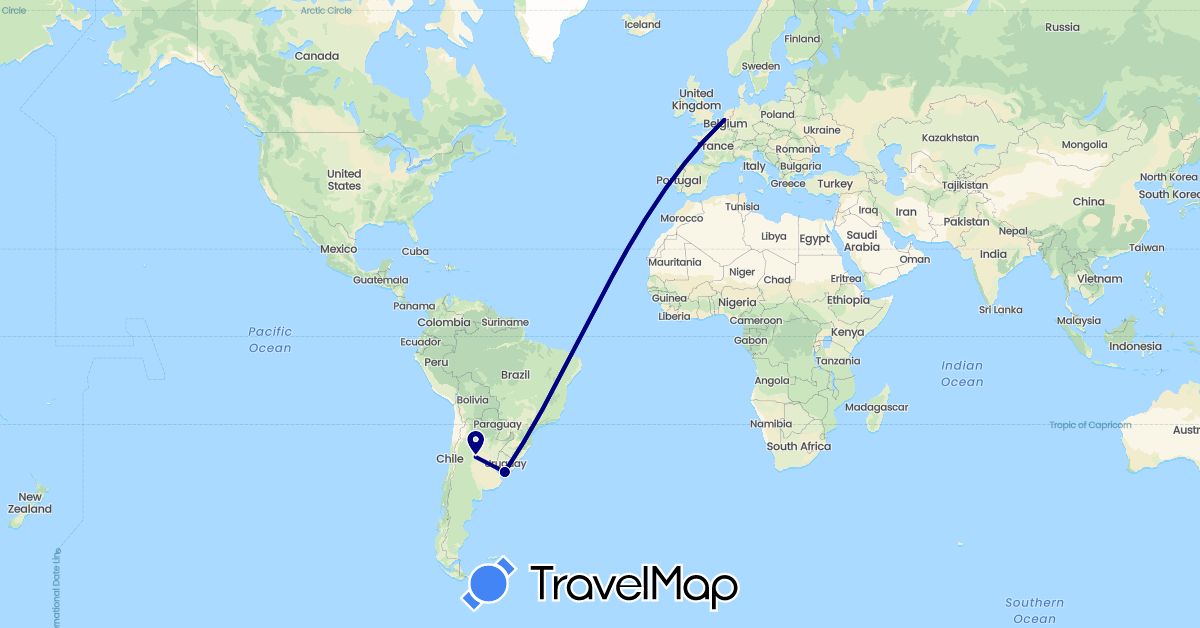 TravelMap itinerary: driving, hiking in Argentina, Belgium, France, Uruguay (Europe, South America)